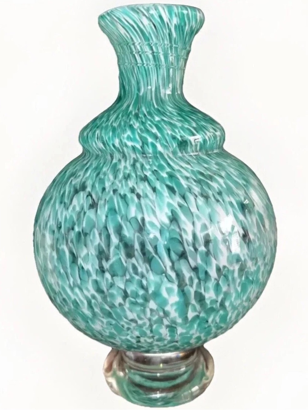 Vintage Pier 1 Art Glass Vase - Turquoise & White Swirl Confetti Spatter 10”